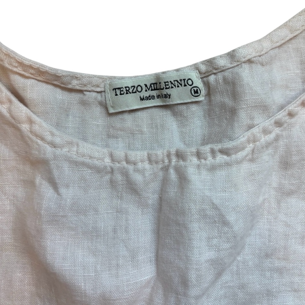Terzo Millennio Ivory Cap Sleeve 100% Linen Blouse Top Crochet Eyelet Hem Med - Picture 5 of 12